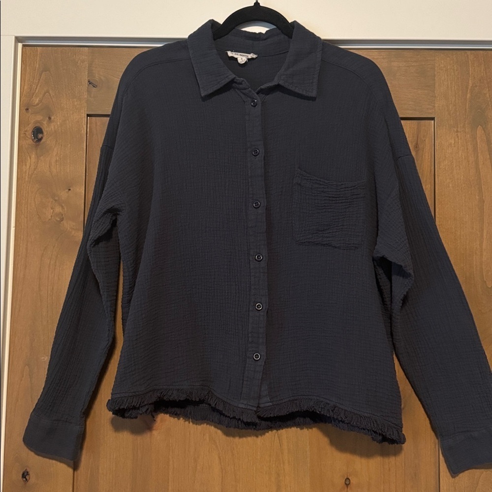 ee:some Oversized Button down cotton Gauze Blouse Top Womens S Charcoal Fringe